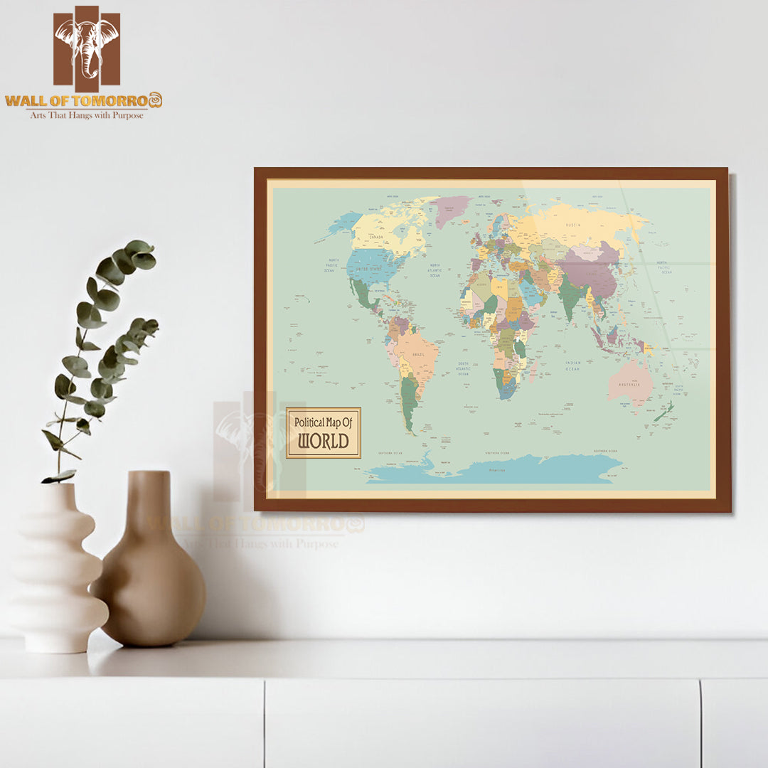 High Detail Political World Map Educational High Quality Glass Frame Wall Décor