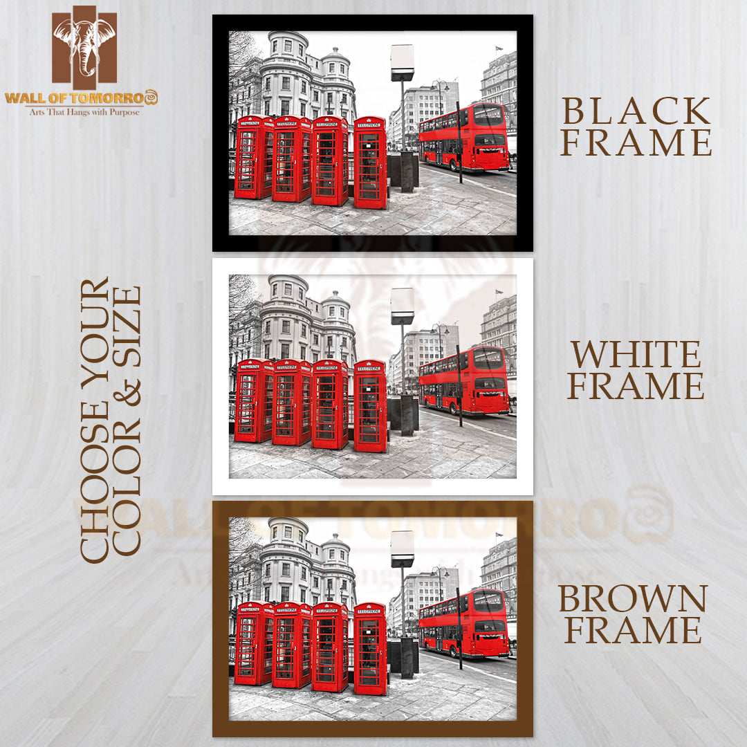 Double-Decker Bus and Red Telephone Boxes with Black and White Background, London, UK High Quality Unframed Poster Print & Waterproof Poster Print Wall Décor