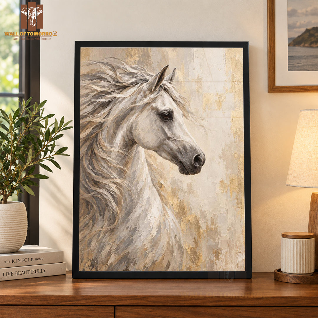 White Horse Painting Animals High Quality Glass Frame Wall Décor in Sri Lanka
