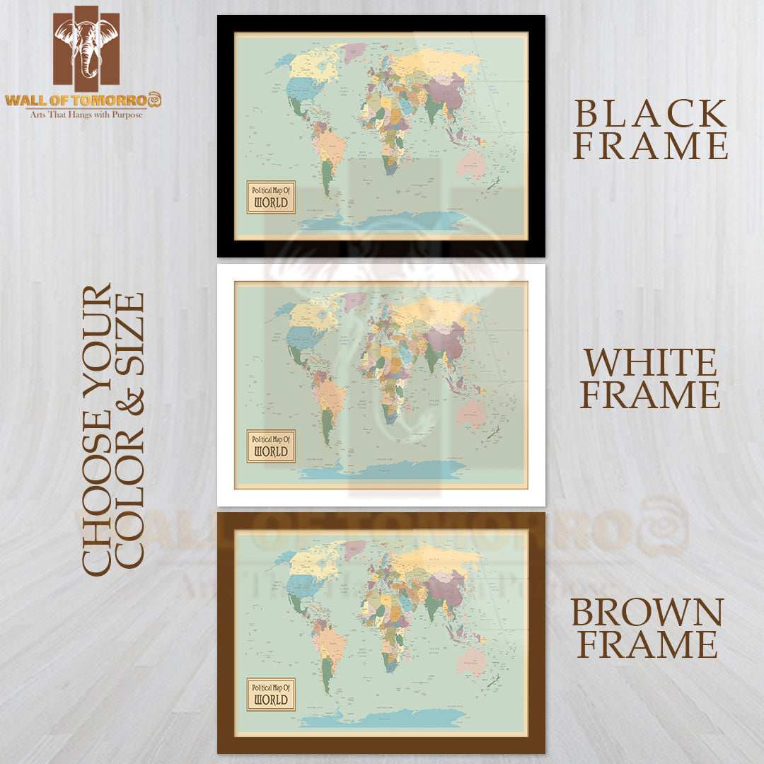 High Detail Political World Map Educational High Quality Glass Frame Wall Décor