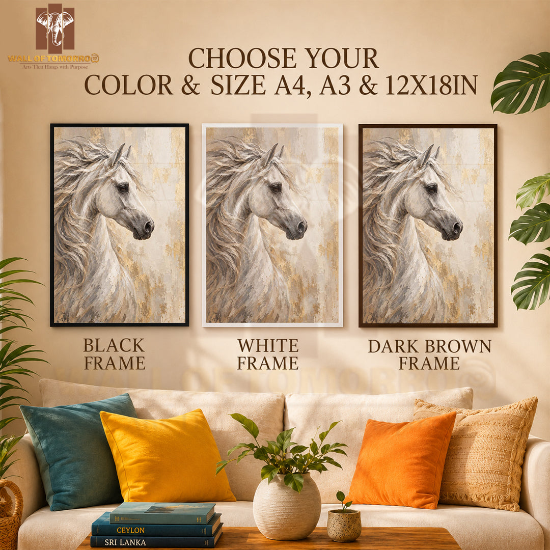 White Horse Painting Animals High Quality Glass Frame Wall Décor in Sri Lanka