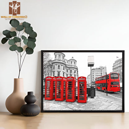 Double-Decker Bus and Red Telephone Boxes with Black and White Background, London, UK High Quality Unframed Poster Print & Waterproof Poster Print Wall Décor