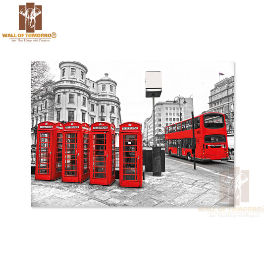 Double-Decker Bus and Red Telephone Boxes with Black and White Background, London, UK High Quality Unframed Poster Print & Waterproof Poster Print Wall Décor