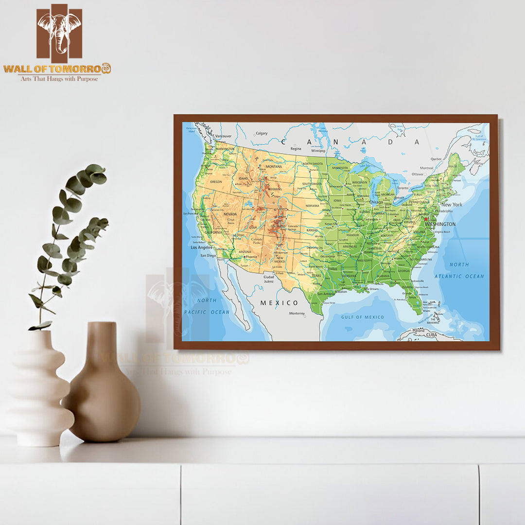 Detailed USA Physical Map Educational High Quality Glass Frame Wall Décor