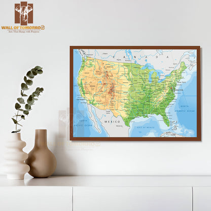 Detailed USA Physical Map Educational High Quality Glass Frame Wall Décor