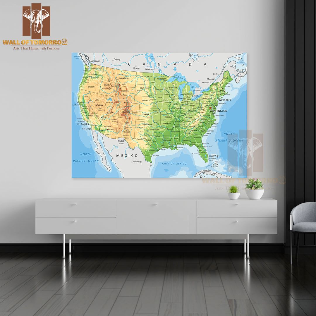 Detailed USA Physical Map Educational High Quality Unframed Poster Print & Waterproof Poster Print Wall Décor