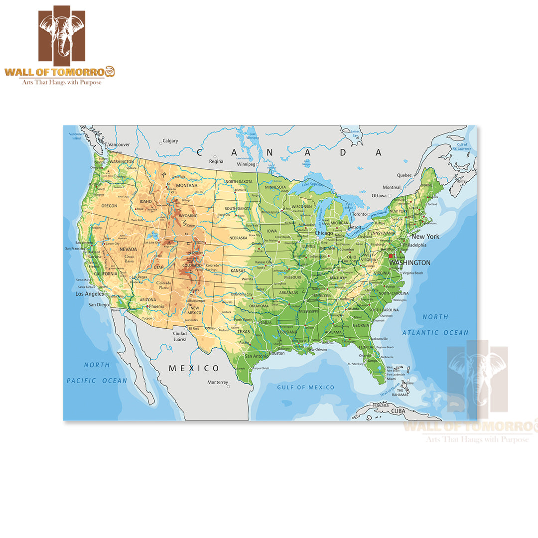 Detailed USA Physical Map Educational High Quality Unframed Poster Print & Waterproof Poster Print Wall Décor
