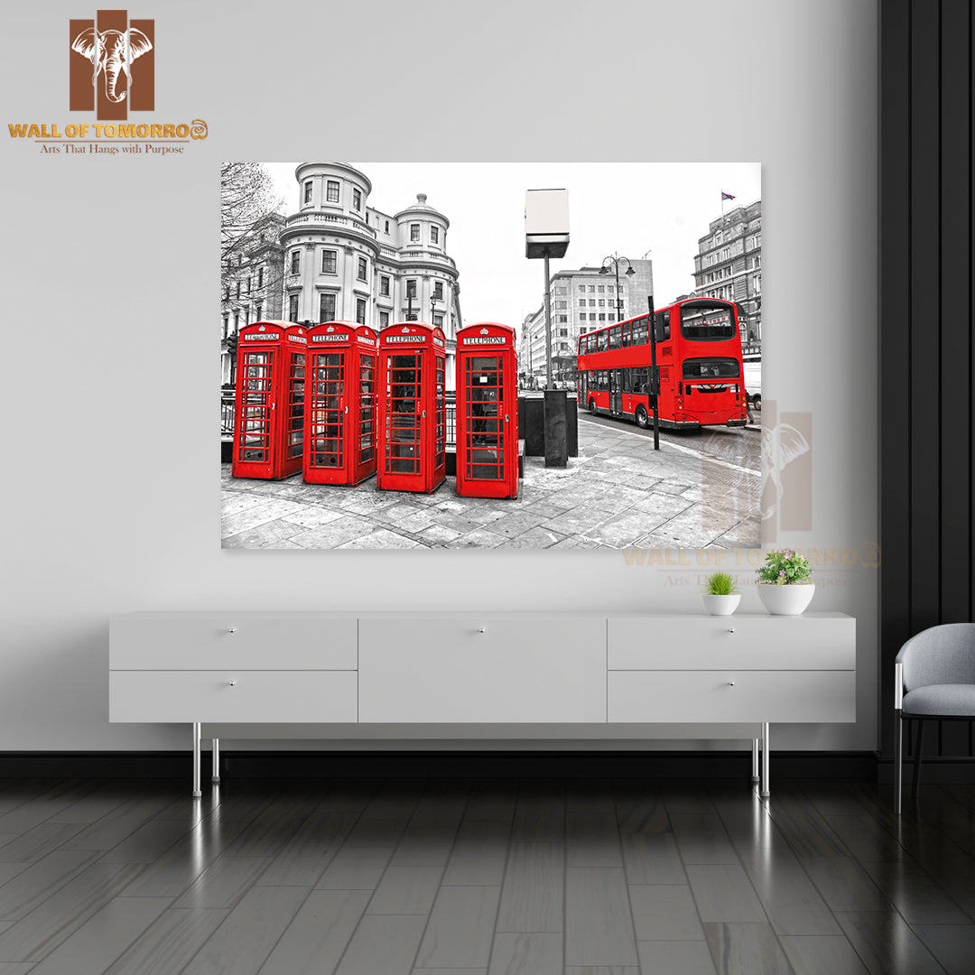 Double-Decker Bus and Red Telephone Boxes with Black and White Background, London, UK High Quality Unframed Poster Print & Waterproof Poster Print Wall Décor