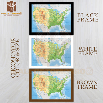 Detailed USA Physical Map Educational High Quality Glass Frame Wall Décor