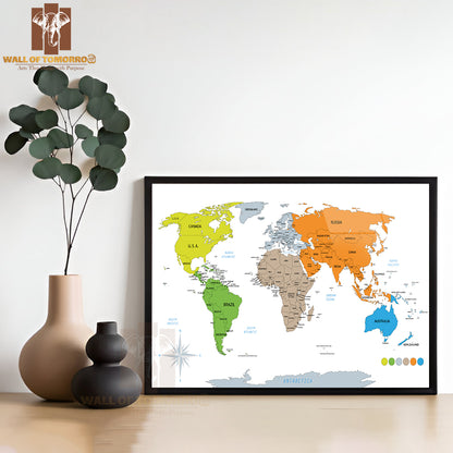 Political World Map on White Background Educational High Quality Glass Frame Wall Décor