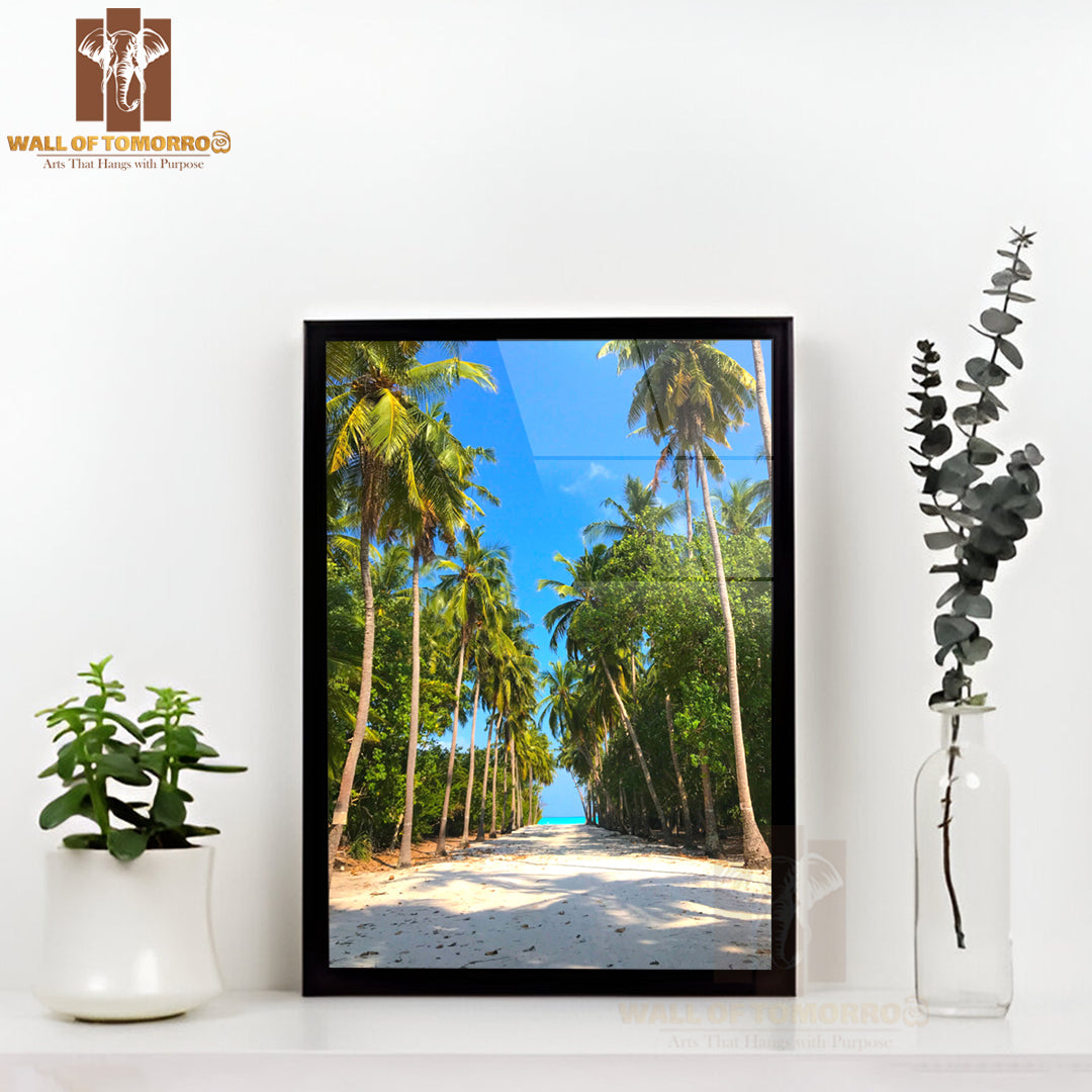 Road, Palm Trees on A Beach High Quality Glass Frame Wall Décor
