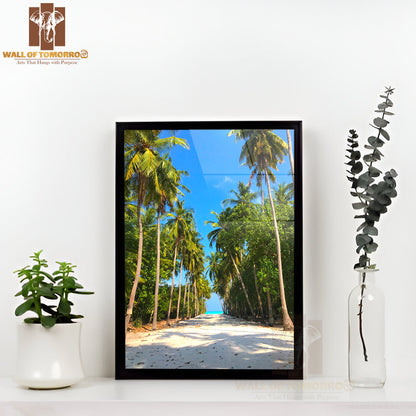 Road, Palm Trees on A Beach High Quality Glass Frame Wall Décor