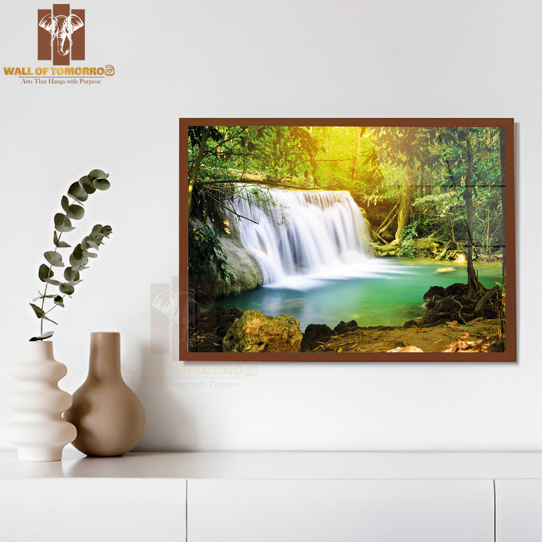 Waterfall In Forest with Sunlight High Quality Unframed Poster Print & Waterproof Poster Print Wall Décor