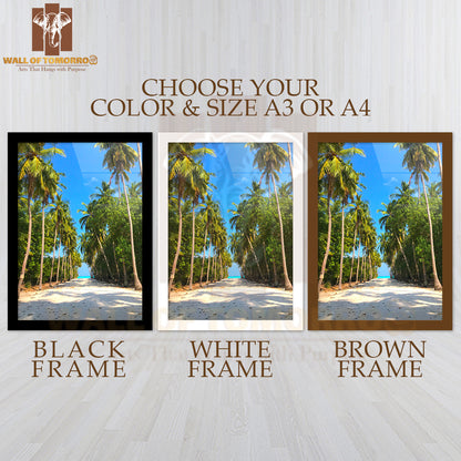 Road, Palm Trees on A Beach High Quality Glass Frame Wall Décor
