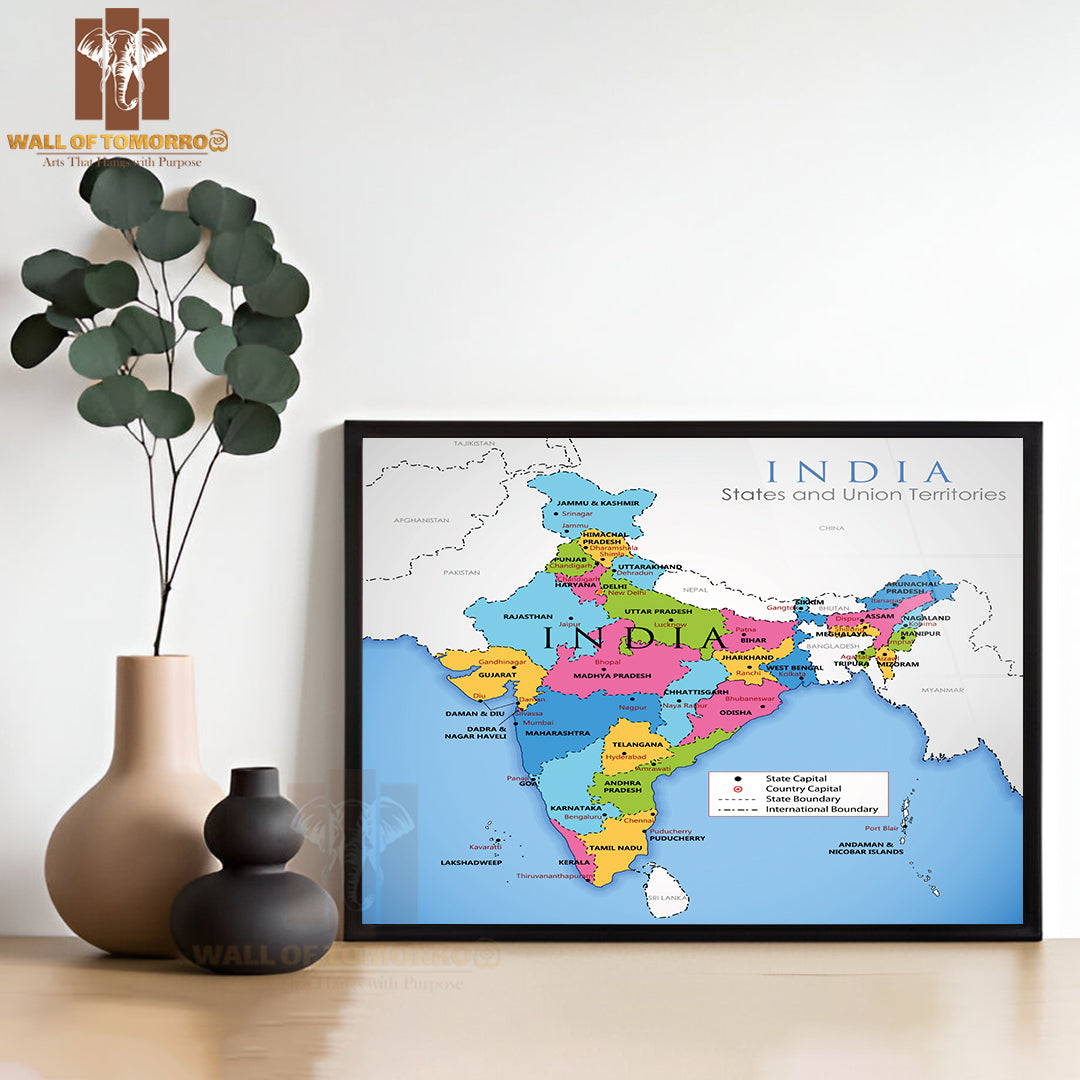 Detailed Map of India Educational High Quality Glass Frame Wall Décor