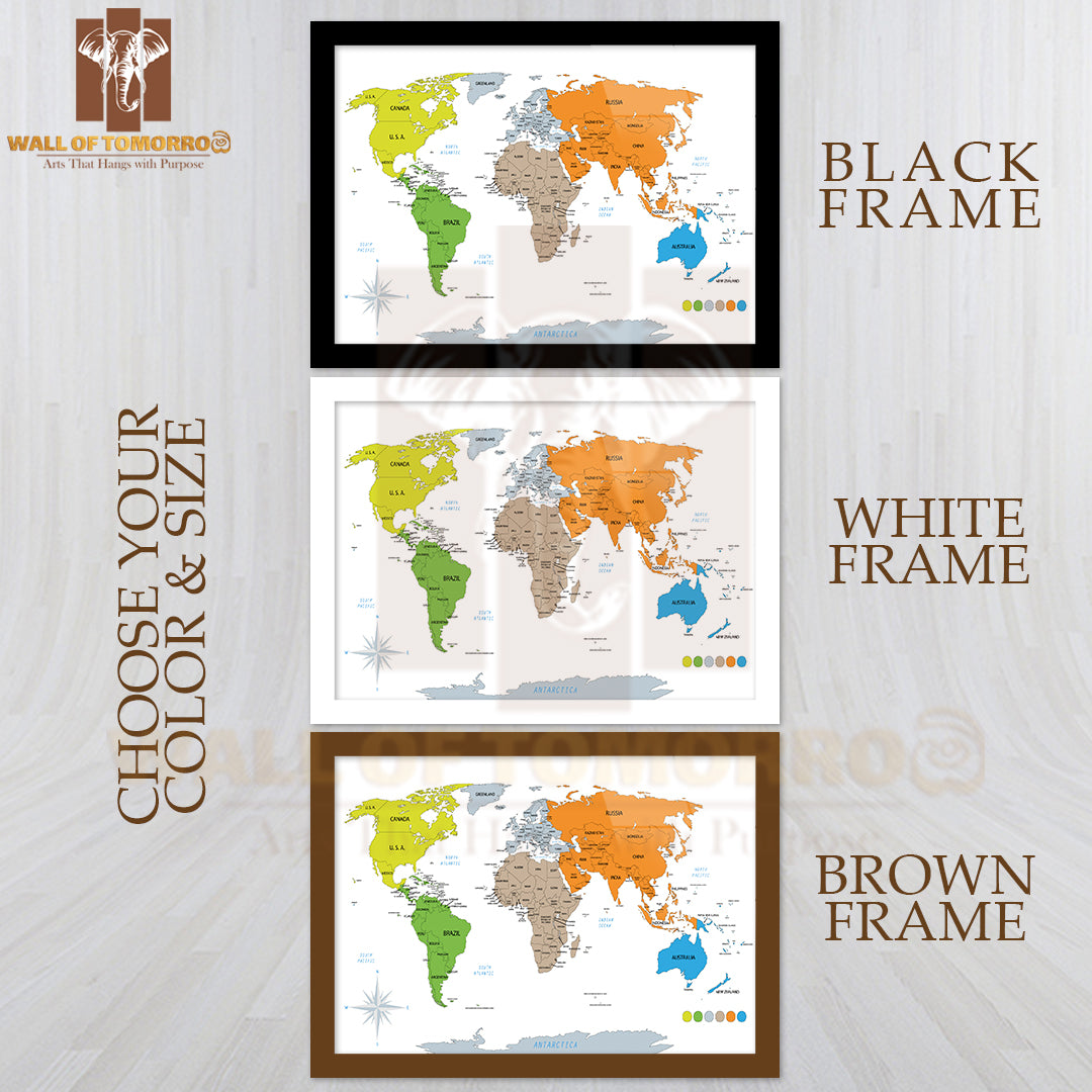 Political World Map on White Background Educational High Quality Glass Frame Wall Décor