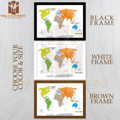 Political World Map on White Background Educational High Quality Glass Frame Wall Décor