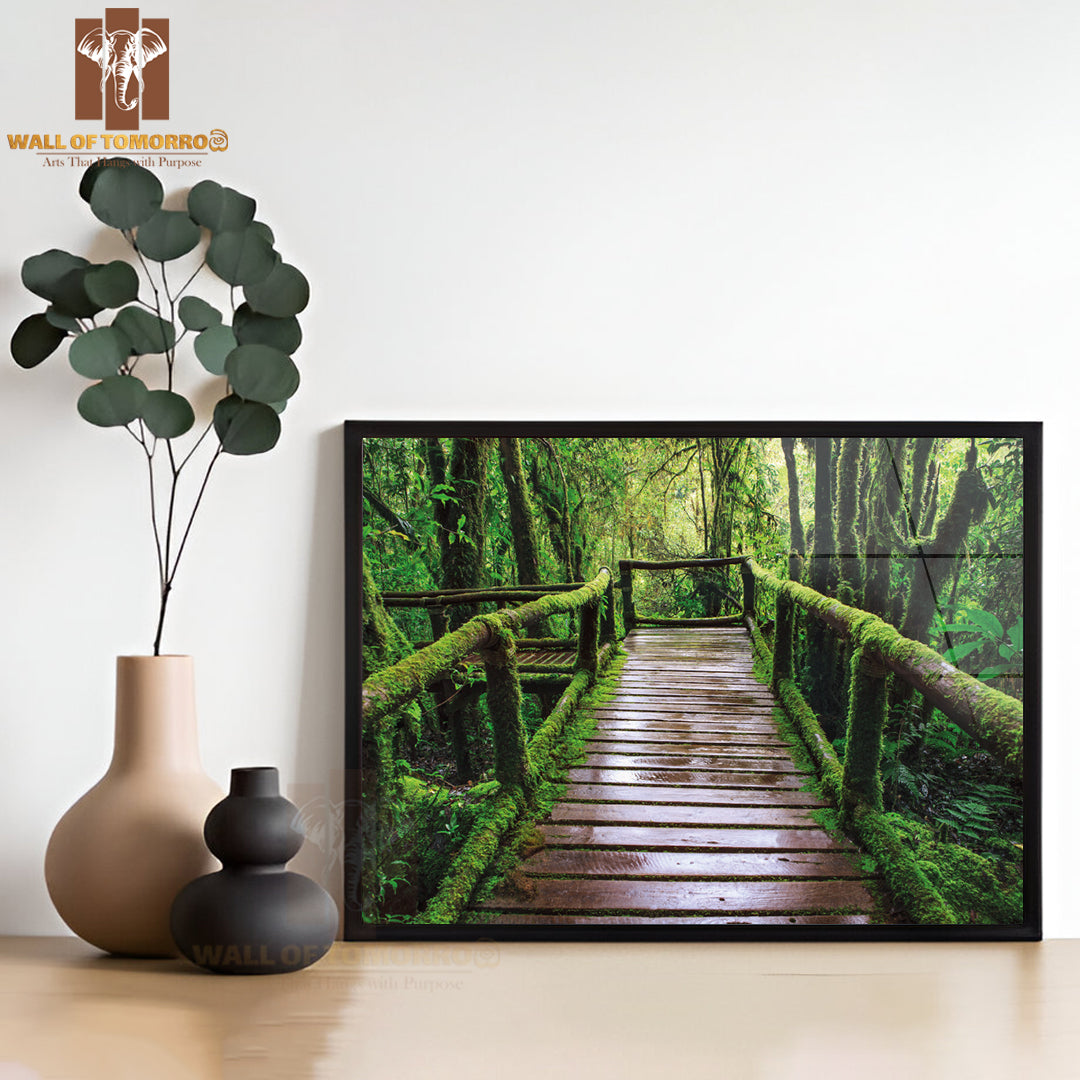 Wet Wooden Trail Bridge Walking Way at Hill Mountain Evergreen Forest High Quality Unframed Poster Print & Waterproof Poster Print Wall Décor
