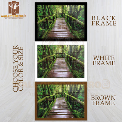 Wet Wooden Trail Bridge Walking Way at Hill Mountain Evergreen Forest High Quality Unframed Poster Print & Waterproof Poster Print Wall Décor