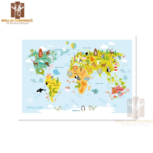 Map Of the World with Cartoon Animals Educational High Quality Unframed Poster Print & Waterproof Poster Print Wall Décor