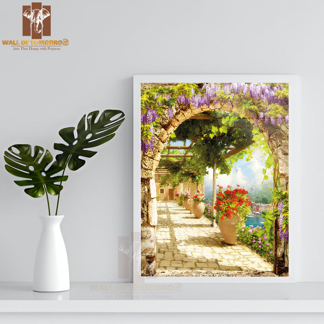 Archway Adorned with Vibrant Purple Flowers High Quality Glass Frame Wall Décors in Sri Lanka