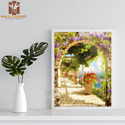 Archway Adorned with Vibrant Purple Flowers High Quality Glass Frame Wall Décors in Sri Lanka