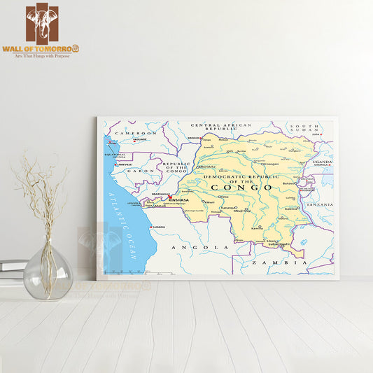 Congo Democratic Republic Political Map Educational High Quality Glass Frame Wall Décor