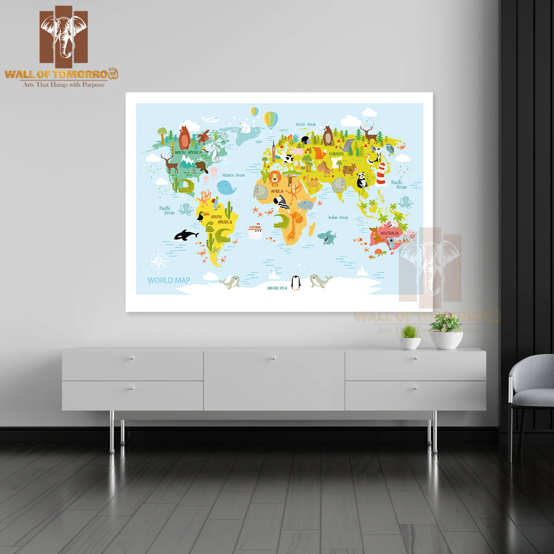 Map Of the World with Cartoon Animals Educational High Quality Unframed Poster Print & Waterproof Poster Print Wall Décor