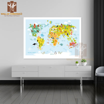 Map Of the World with Cartoon Animals Educational High Quality Unframed Poster Print & Waterproof Poster Print Wall Décor
