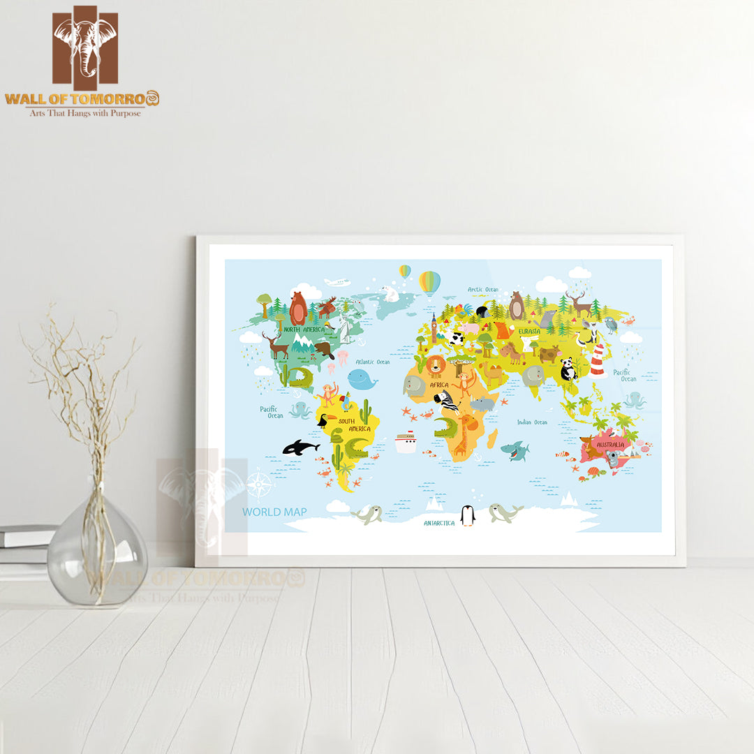 Map Of the World with Cartoon Animals Educational High Quality Glass Frame Wall Décor