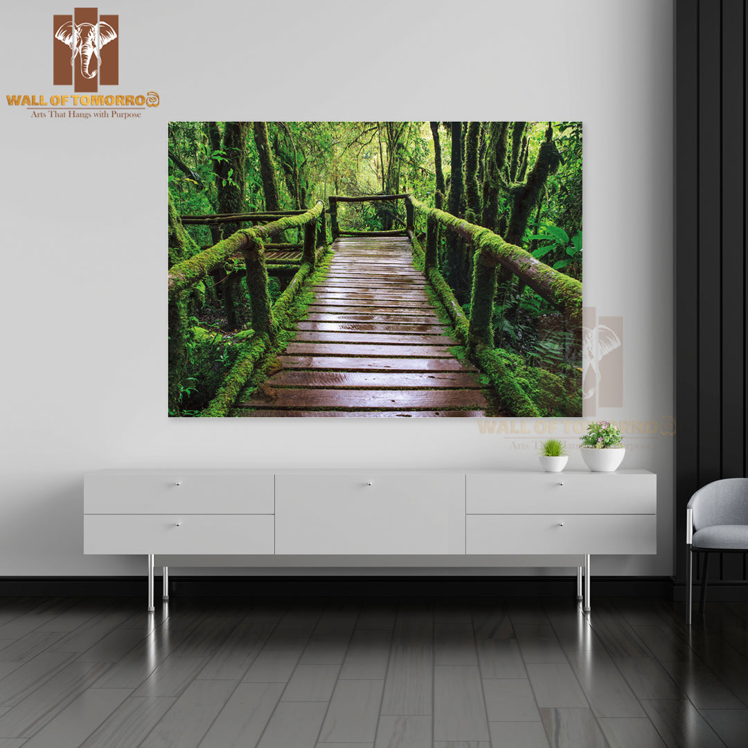 Wet Wooden Trail Bridge Walking Way at Hill Mountain Evergreen Forest High Quality Unframed Poster Print & Waterproof Poster Print Wall Décor