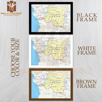 Congo Democratic Republic Political Map Educational High Quality Glass Frame Wall Décor