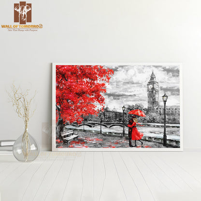 Big Ben Man and Woman Under a Red Umbrella High Quality Unframed Poster Print & Waterproof Poster Print Wall Décor