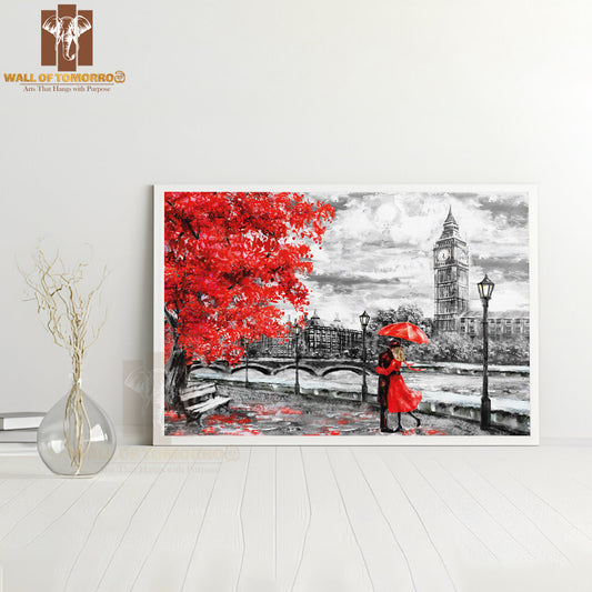 Big Ben Man and Woman Under a Red Umbrella High Quality Unframed Poster Print & Waterproof Poster Print Wall Décor