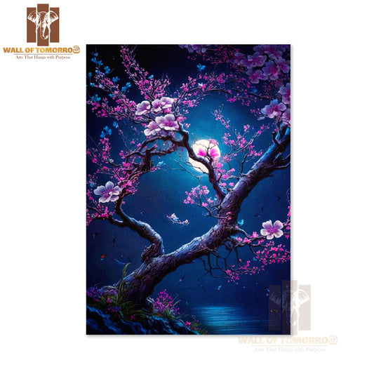 Tree With Flowers and Butterflies in The Moonlight High Quality Unframed Poster Print & Waterproof Poster Print Wall Décor