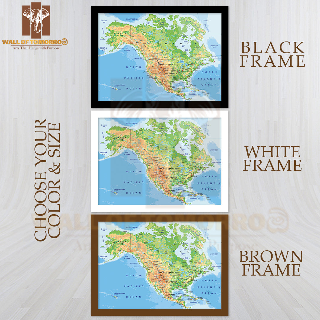 High Detailed North America Physical Map Educational High Quality Glass Frame Wall Décor