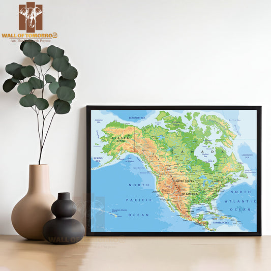 High Detailed North America Physical Map Educational High Quality Glass Frame Wall Décor