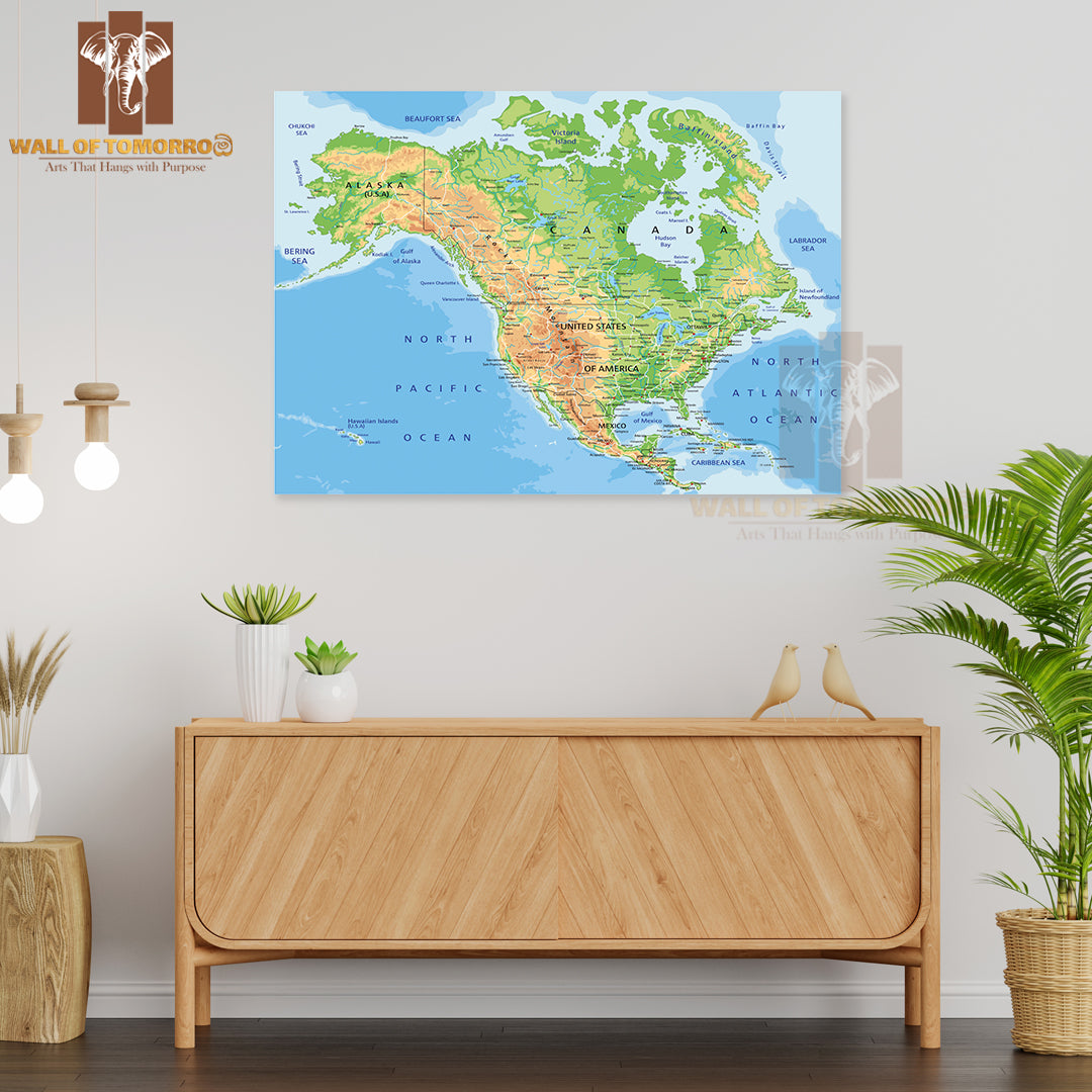 High Detailed North America Physical Map Educational High Quality Unframed Poster Print & Waterproof Poster Print Wall Décor