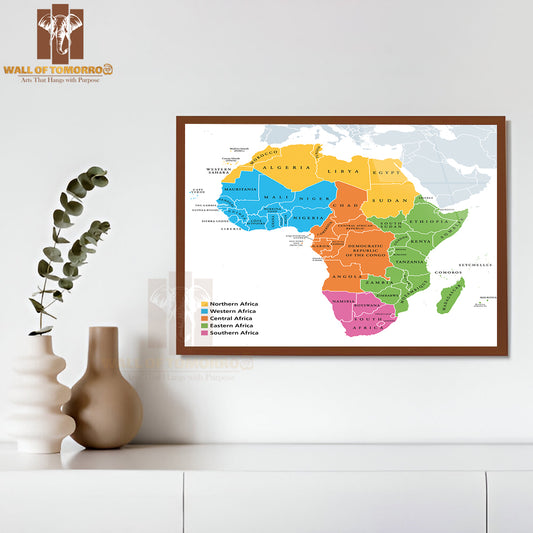 Africa Regions Political Map Educational High Quality Glass Frame Wall Décor