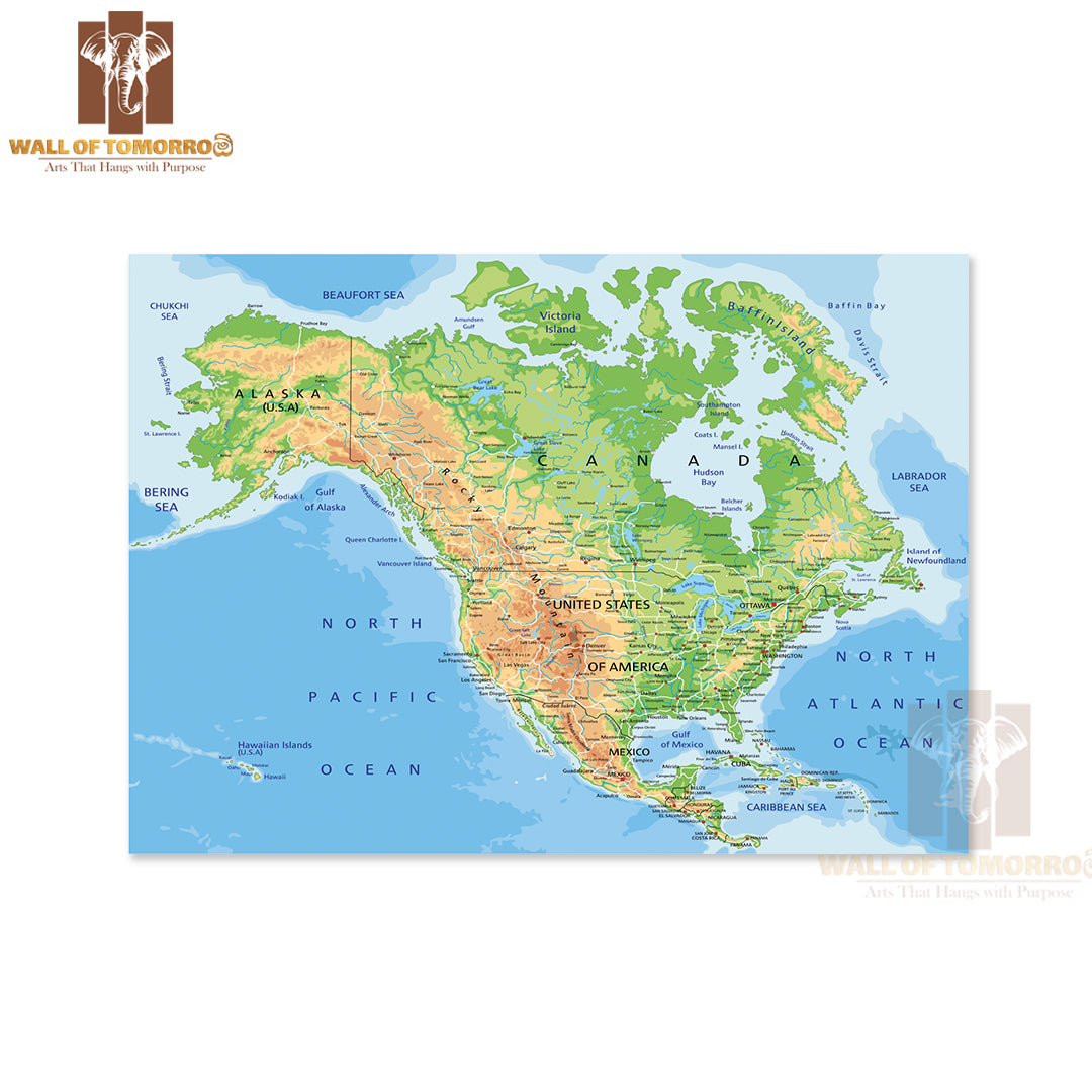High Detailed North America Physical Map Educational High Quality Unframed Poster Print & Waterproof Poster Print Wall Décor