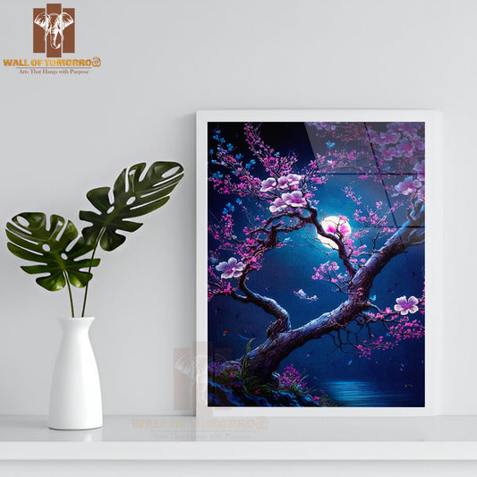Tree With Flowers and Butterflies in The Moonlight High Quality Glass Frame Wall Décor