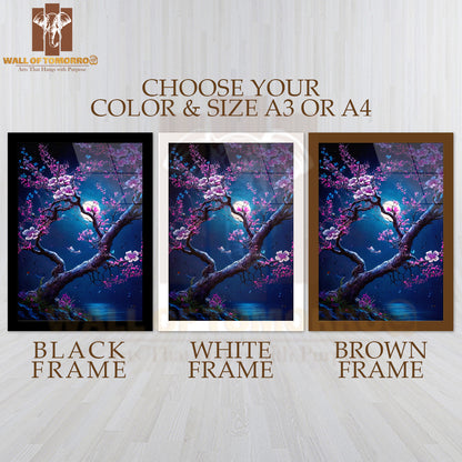 Tree With Flowers and Butterflies in The Moonlight High Quality Glass Frame Wall Décor