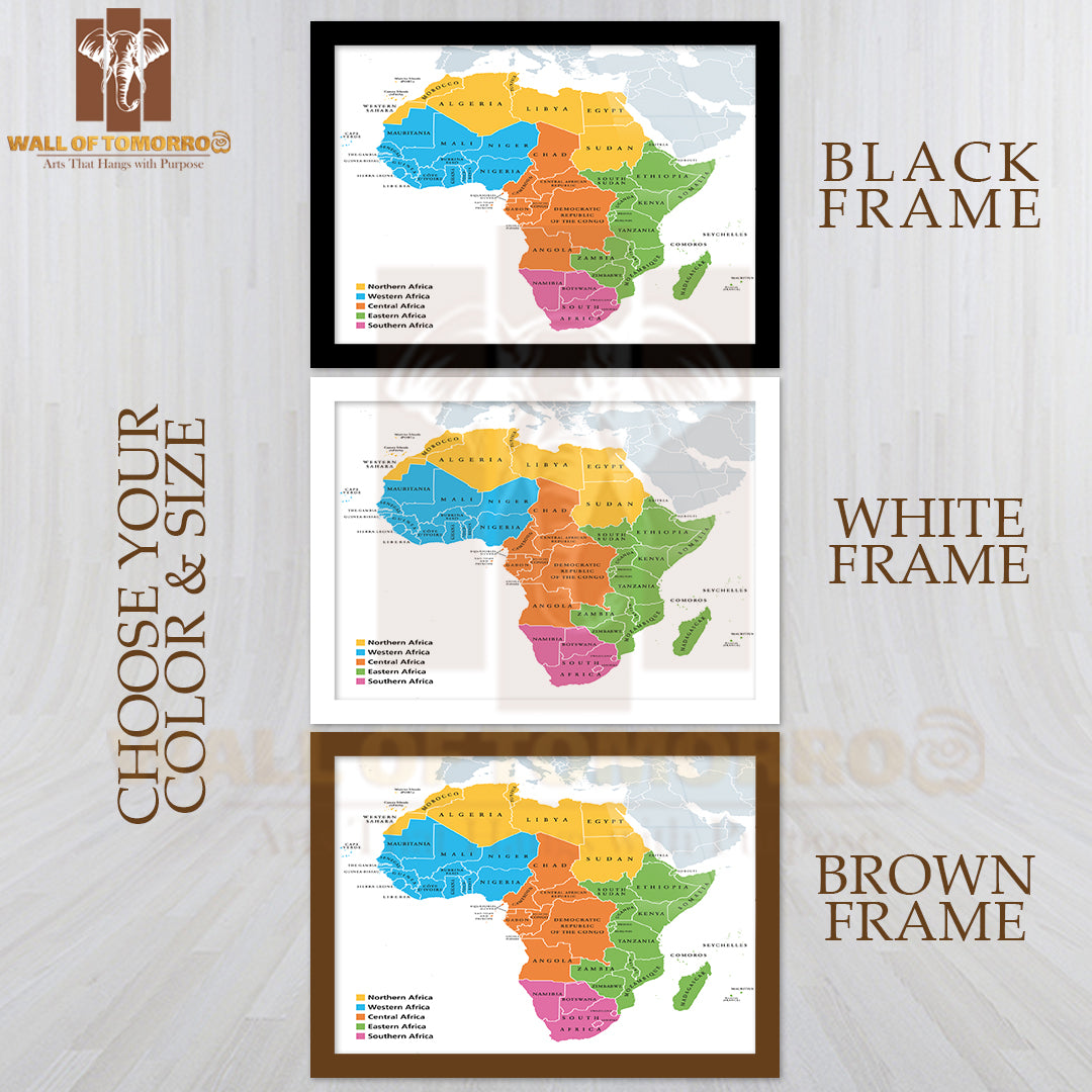 Africa Regions Political Map Educational High Quality Glass Frame Wall Décor