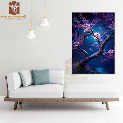 Tree With Flowers and Butterflies in The Moonlight High Quality Unframed Poster Print & Waterproof Poster Print Wall Décor