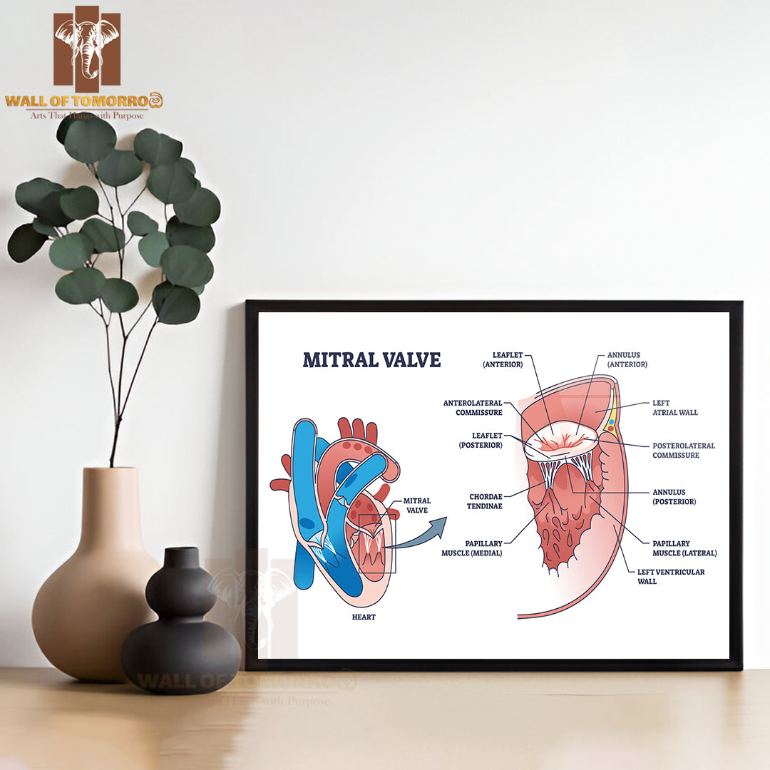 Mitral Valve Structure with Medical Cardio Heart Anatomy Outline Diagram Educational High Quality Glass Frame Wall Décor