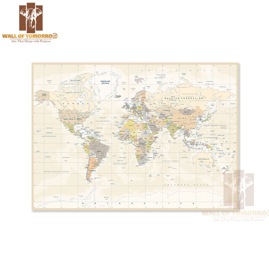 Political Physical Topographic Colored World Map Educational High Quality Unframed Poster Print & Waterproof Poster Print Wall Décor