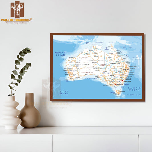 Large High Detailed Australia Road Map Educational High Quality Glass Frame Wall Décor