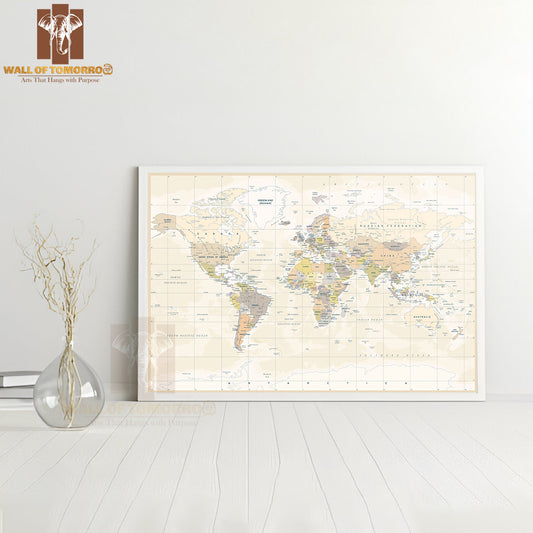 Political Physical Topographic Colored World Map Educational High Quality Glass Frame Wall Décor