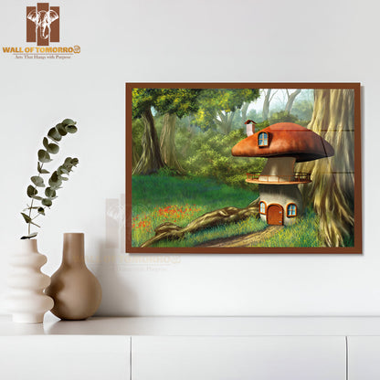 Mushroom House in An Enchanted Forest High Quality Glass Frame Wall Décor