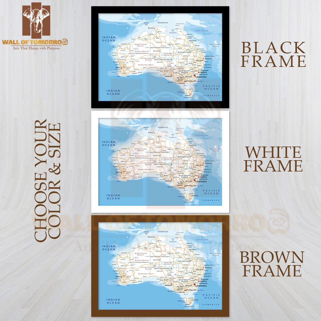 Large High Detailed Australia Road Map Educational High Quality Glass Frame Wall Décor